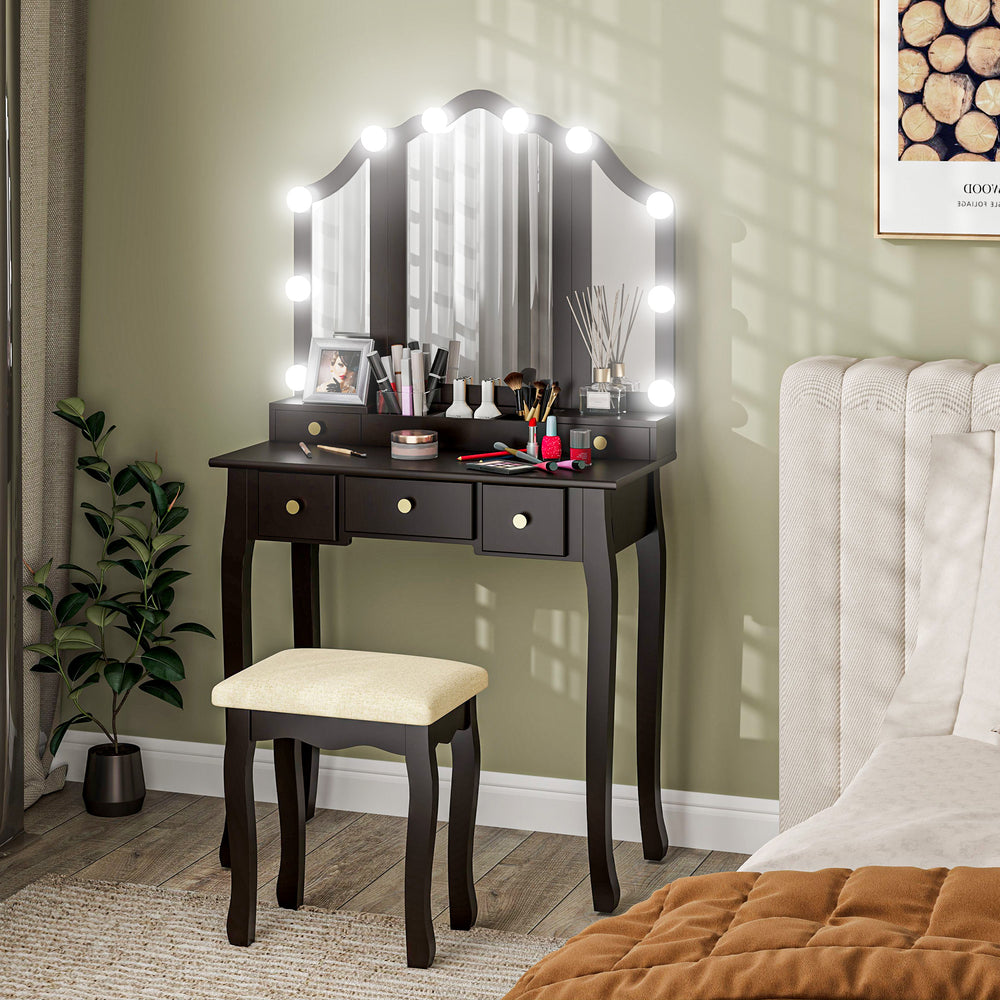 Coiffeuse avec tabouret, 10 lumières LED, 5 tiroirs et 3 compartiments, noir