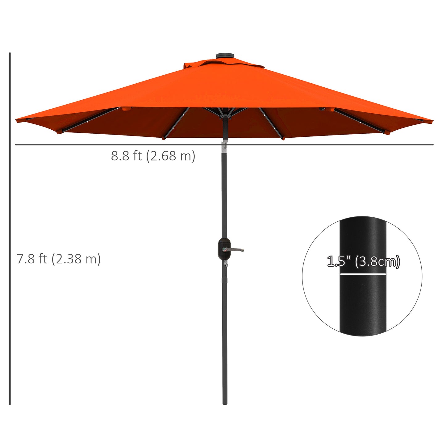 Parasol solaire d'extérieur de 2,7 m avec 24 LED et auvent inclinable, orange