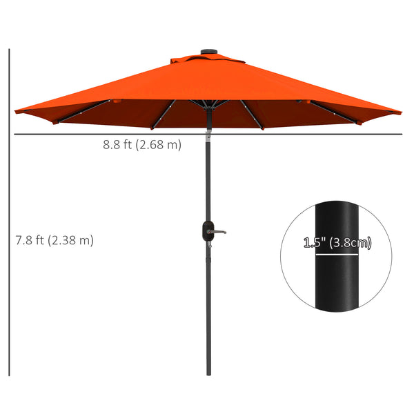 Parasol solaire d'extérieur de 2,7 m avec 24 LED et auvent inclinable, orange