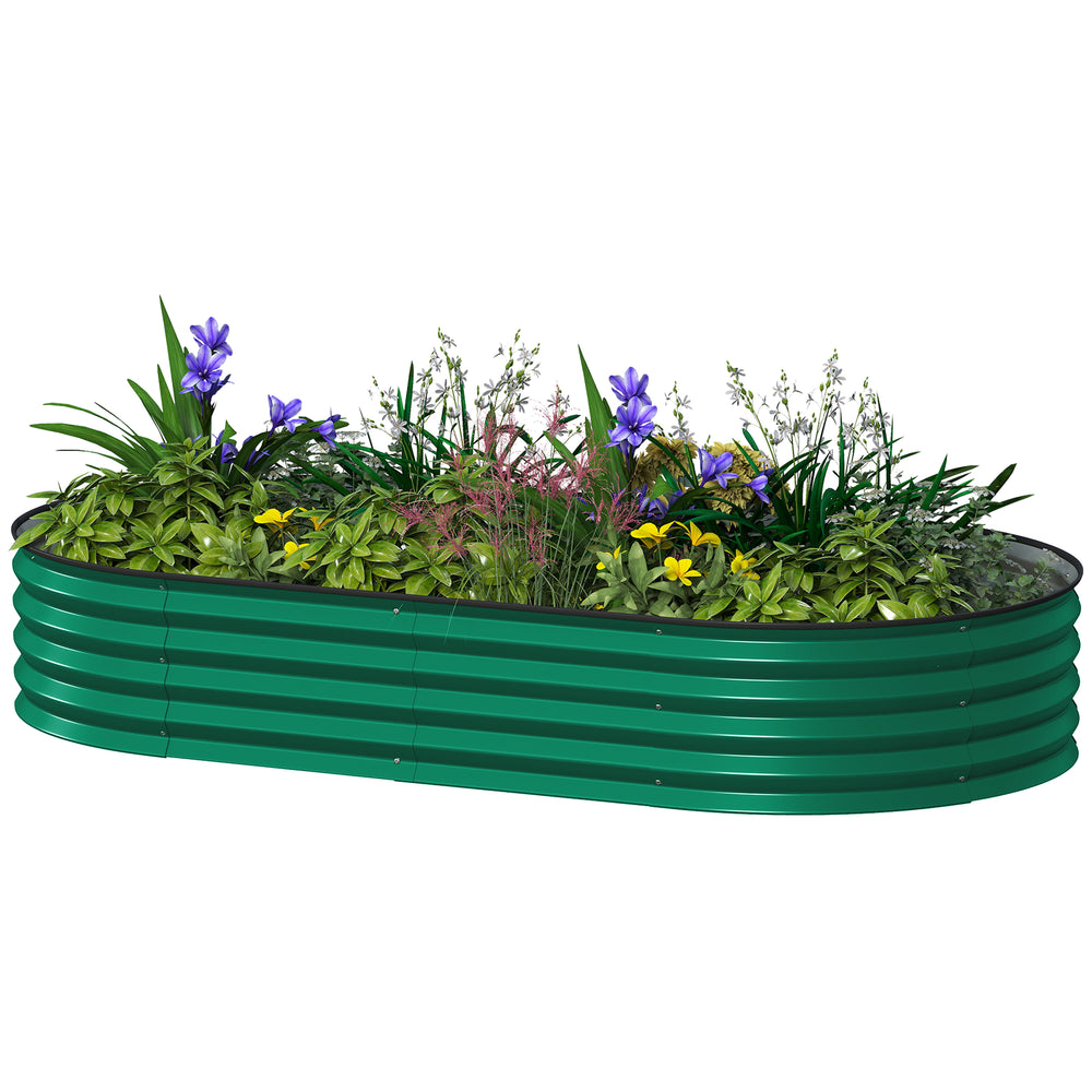 Raised outdoor planter made of galvanized steel with metal support, green