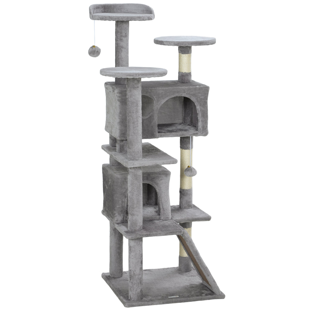 Arbre à chat 54 pouces à plusieurs niveaux avec griffoirs, niches, lit, plateformes, rampe, balle de jeu, gris clair