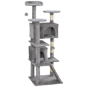 Arbre à chat 54 pouces à plusieurs niveaux avec griffoirs, niches, lit, plateformes, rampe, balle de jeu, gris clair