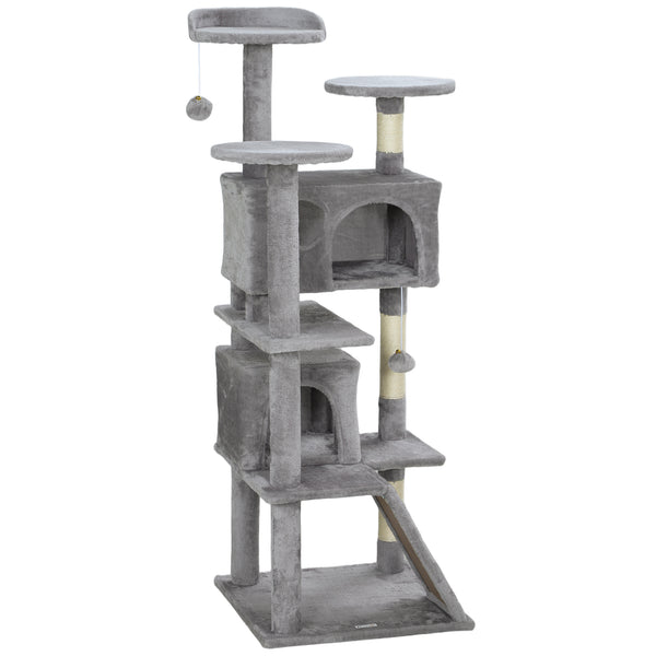 Arbre à chat 54 pouces à plusieurs niveaux avec griffoirs, niches, lit, plateformes, rampe, balle de jeu, gris clair