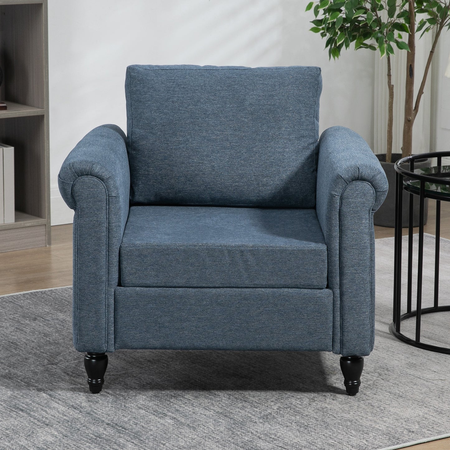 Fauteuil d'appoint rembourré avec accoudoirs roulés, pieds en bois d'hévéa en forme de gourde, bleu foncé