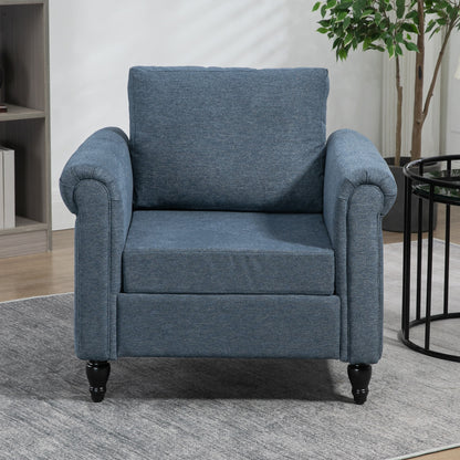 Fauteuil d'appoint rembourré avec accoudoirs roulés, pieds en bois d'hévéa en forme de gourde, bleu foncé