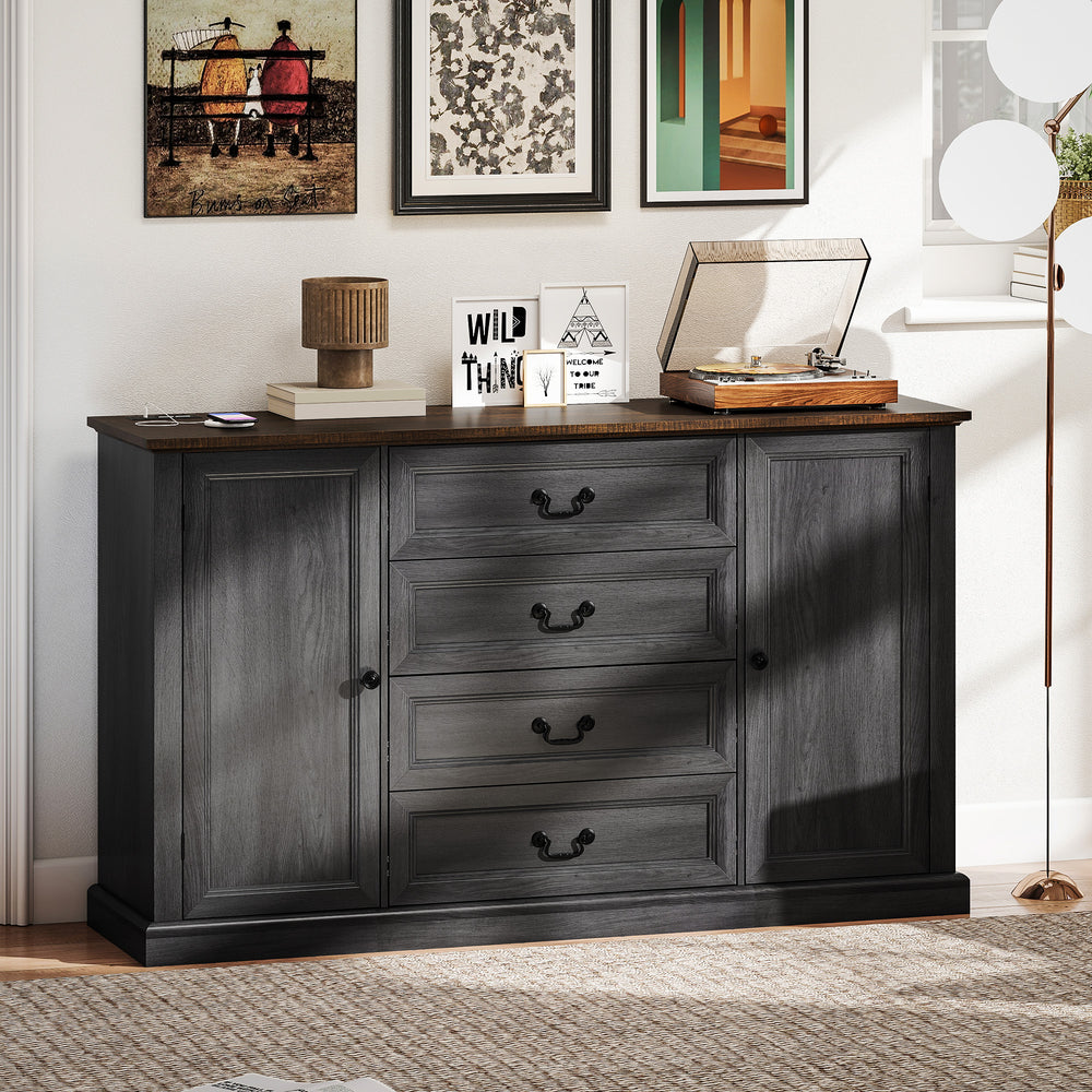 Buffet style ferme avec station de recharge, 4 tiroirs et 2 portes, noir