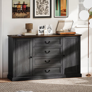 Buffet style ferme avec station de recharge, 4 tiroirs et 2 portes, noir