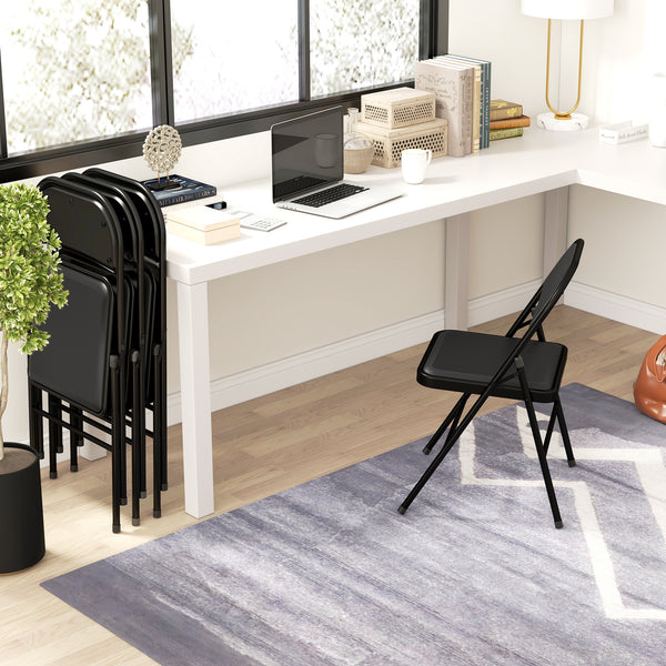 Set of 4 folding metal chairs with faux leather upholstery, black