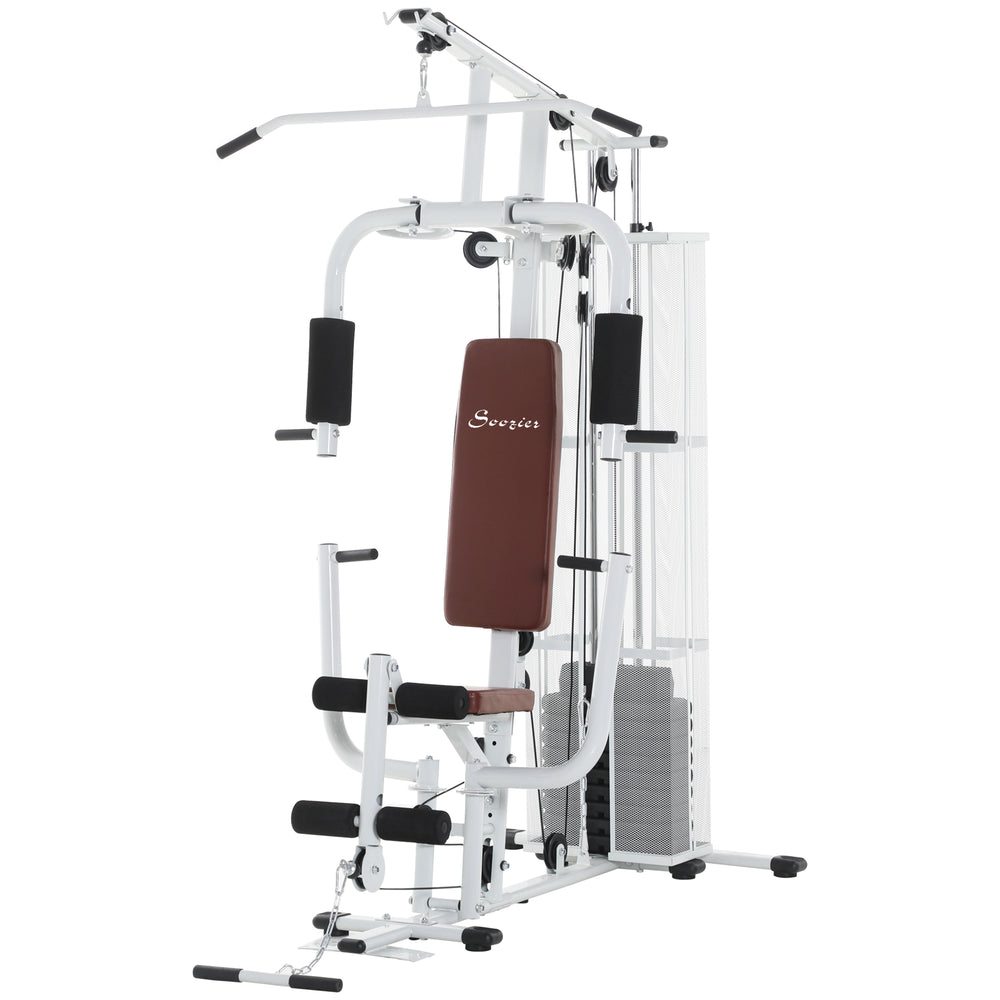 Station d'entraînement multifonction avec charge de 45 kg, idéale pour tirage latéral, extensions de jambes, flexions des biceps, triceps et développé couché, coloris blanc