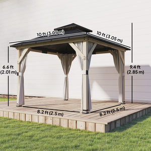Gazebo d'extérieur 10' x 10' avec toit rigide double en acier, en bois, avec rideaux et crochets, gris clair