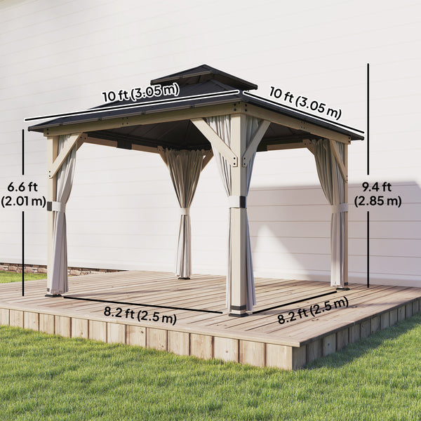Gazebo d'extérieur 10' x 10' avec toit rigide double en acier, en bois, avec rideaux et crochets, gris clair