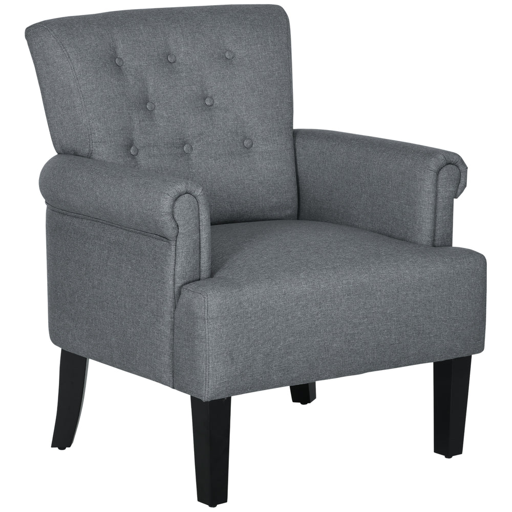 Fauteuil d'appoint en tissu avec pieds en bois et accoudoirs arrondis, gris