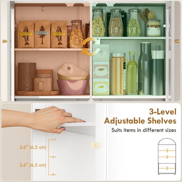 Arched Kitchen Pantry Cabinet, 71" Tall Farmhouse Kitchen Storage Cabinet with Acrylic Glass Doors, White