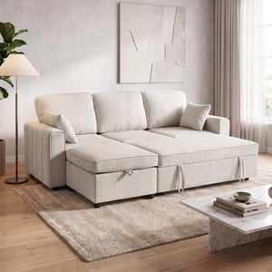 Canapé-lit d'angle modulable avec pouf de rangement réversible avec coussin à ressorts, beige