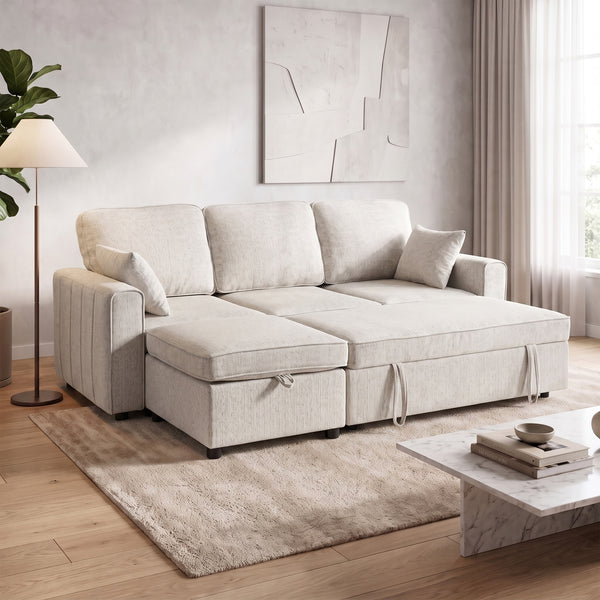 Canapé-lit d'angle modulable avec pouf de rangement réversible avec coussin à ressorts, beige