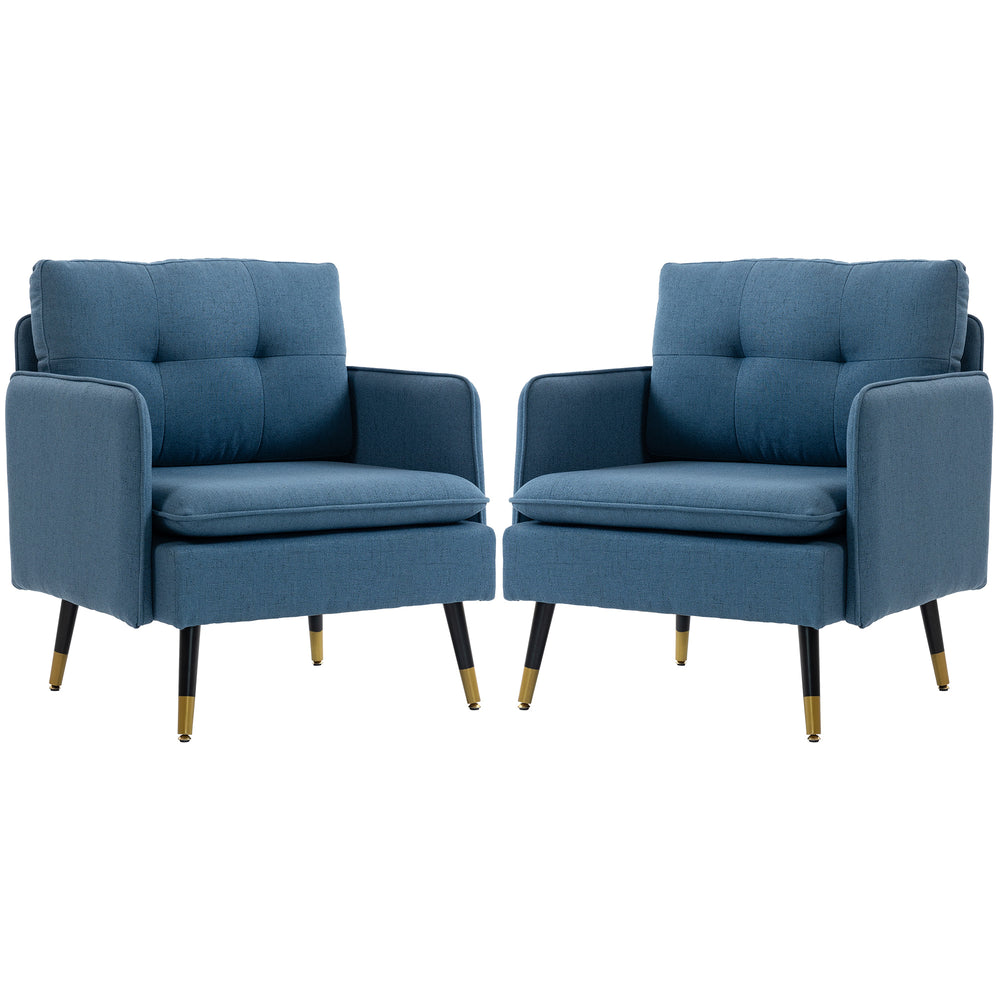 Set of 2 upholstered accent chairs with tufted backrests and steel legs