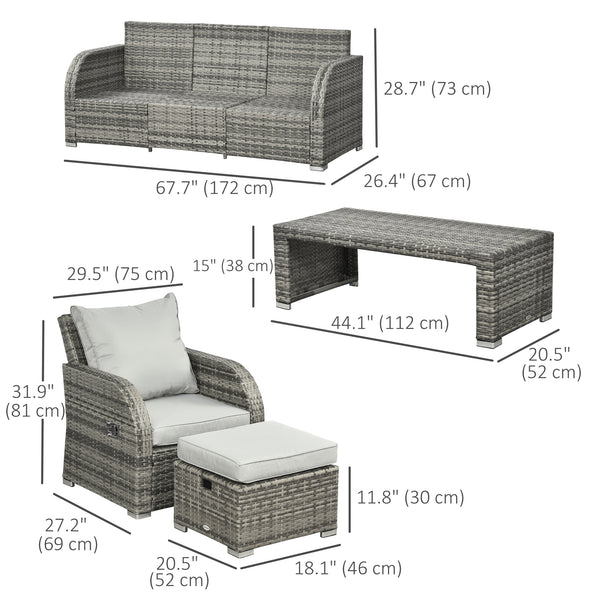 6 Pieces Patio Furniture Set, Conversation Set Wicker Sectional Set Cushioned Outdoor Rattan 3-Seat Sofa, 2 Adjustable Recliners, 2 Footstools & Table Set for Lawn Garden Backyard, Light Grey