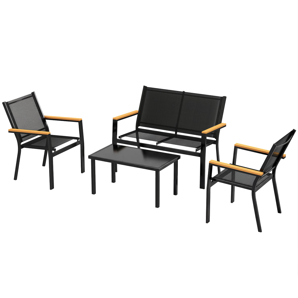 Ensemble de mobilier de jardin 4 pièces avec canapé et table basse en verre trempé, noir.