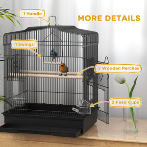 Cage à oiseaux 58 cm, pinsons, canaris, perroquets avec portes et perchoirs, 2 mangeoires, fournitures pour animaux, noir