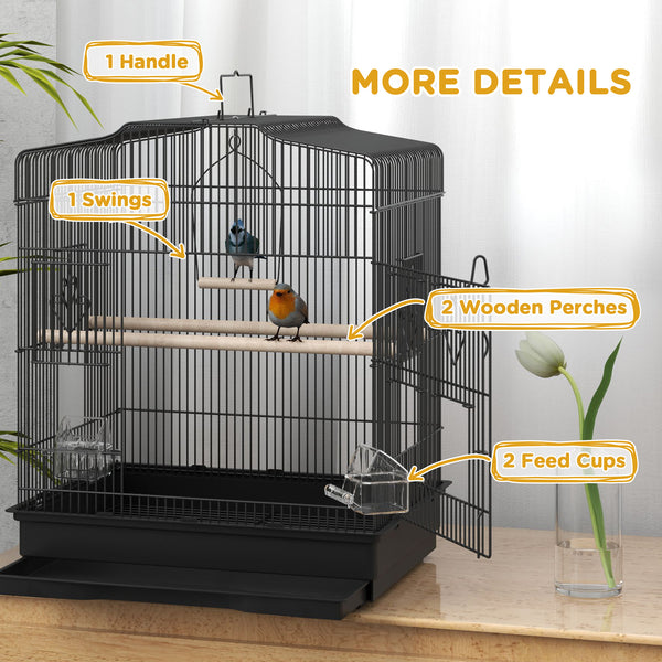 Cage à oiseaux 58 cm, pinsons, canaris, perroquets avec portes et perchoirs, 2 mangeoires, fournitures pour animaux, noir