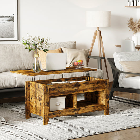 Table basse relevable avec compartiment de rangement dissimulé et étagères ouvertes, marron