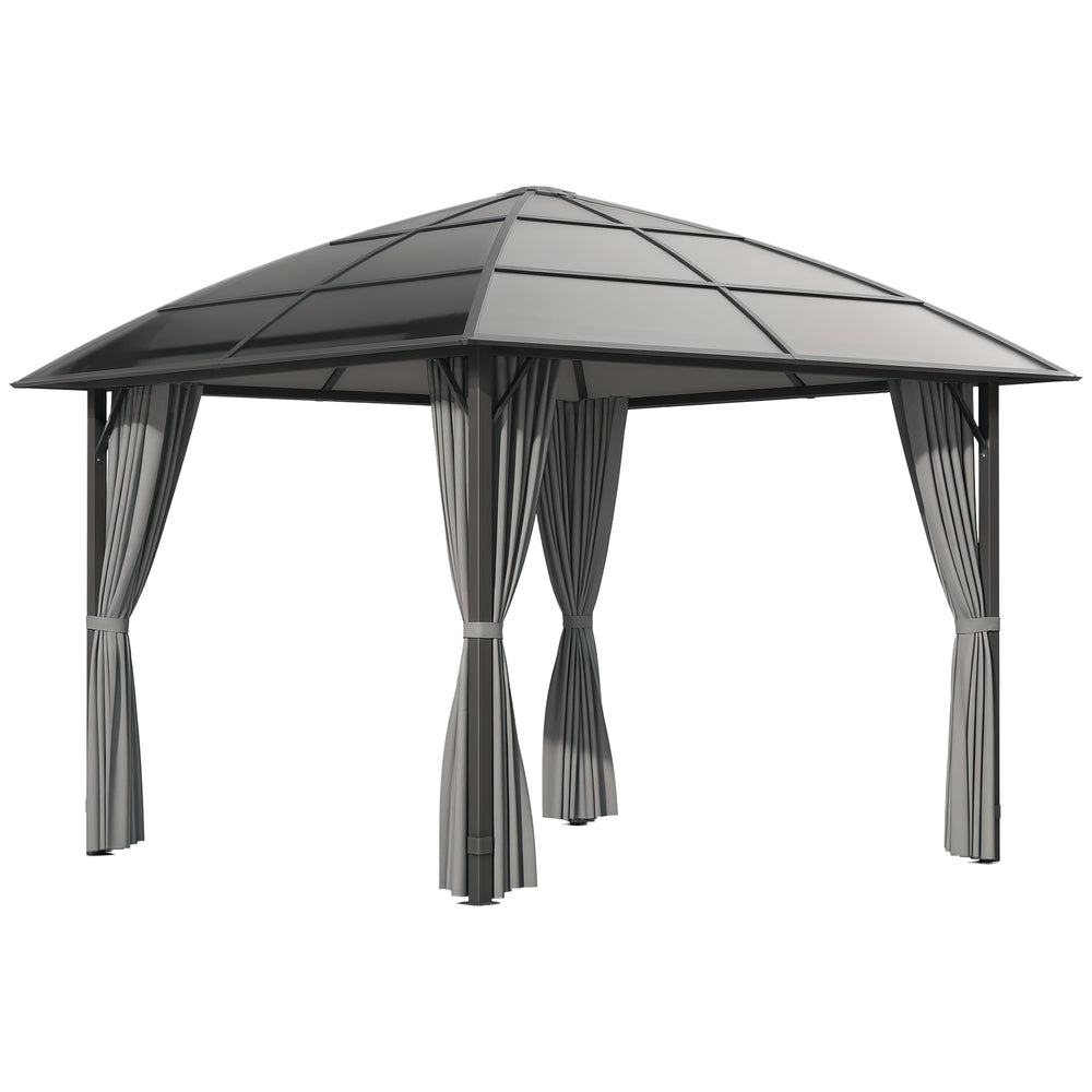 10' x 10' Hardtop Gazebo, Outdoor Gazebo Canopy with UV60+ Polycarbonate Roof, Curtains, Central Hook and Steel Frame for Garden, Lawn, Backyard, Deck, Dark Grey