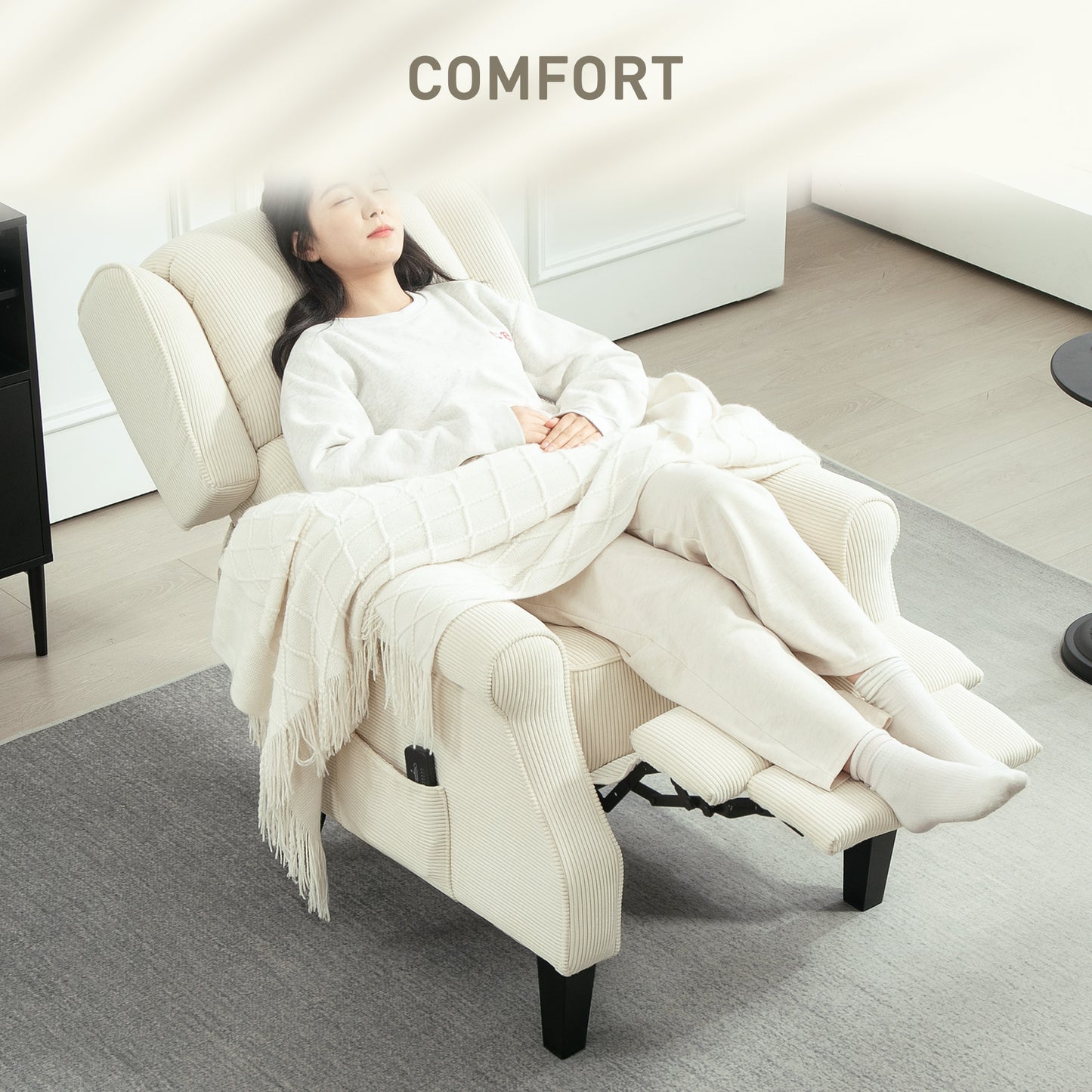 Fauteuil inclinable à dossier relevable avec massage par vibrations, repose-pieds extensible, télécommande, couleur crème