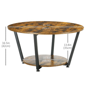 Table basse ronde à 2 niveaux avec étagère de rangement, marron rustique