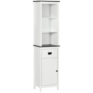 Tall freestanding storage cabinet with drawer and adjustable shelf for living room, white