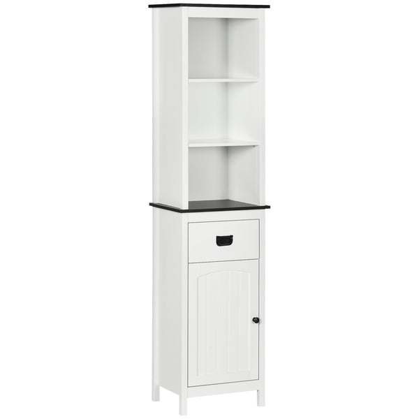 Tall freestanding storage cabinet with drawer and adjustable shelf for living room, white