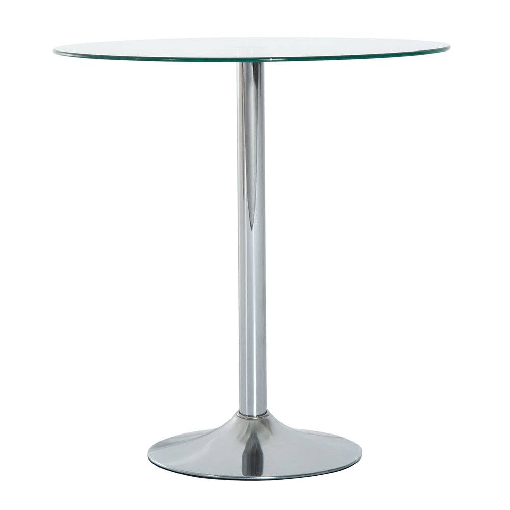 Round dining table with tempered glass top, galvanized metal base, silver