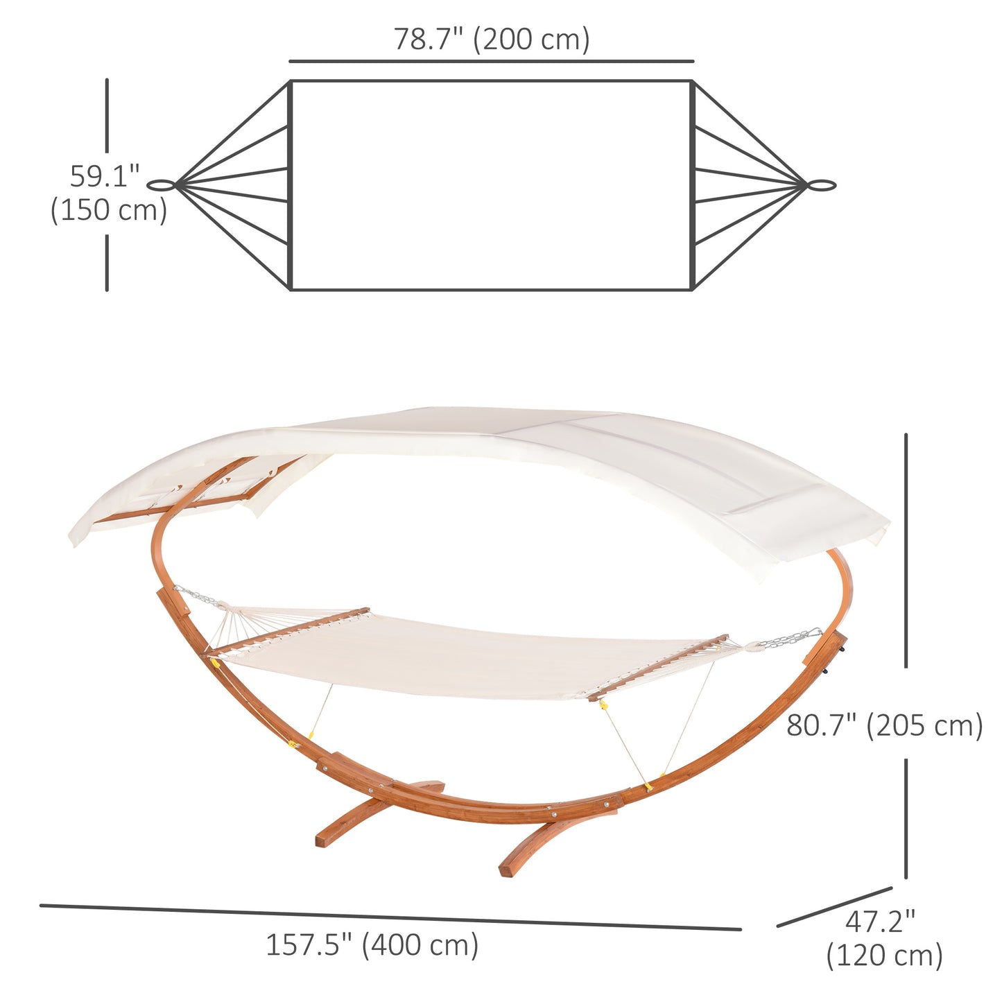Ensemble hamac-lit et support pour 2 personnes avec baldaquin en bois, blanc/teck