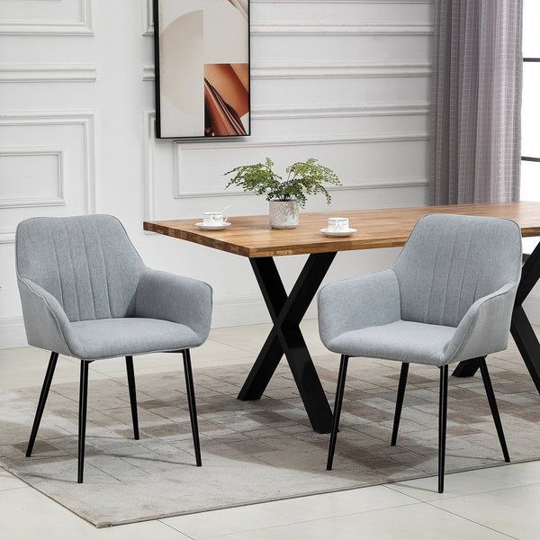 Set of 2 linen-upholstered dining chairs with metal legs, light grey