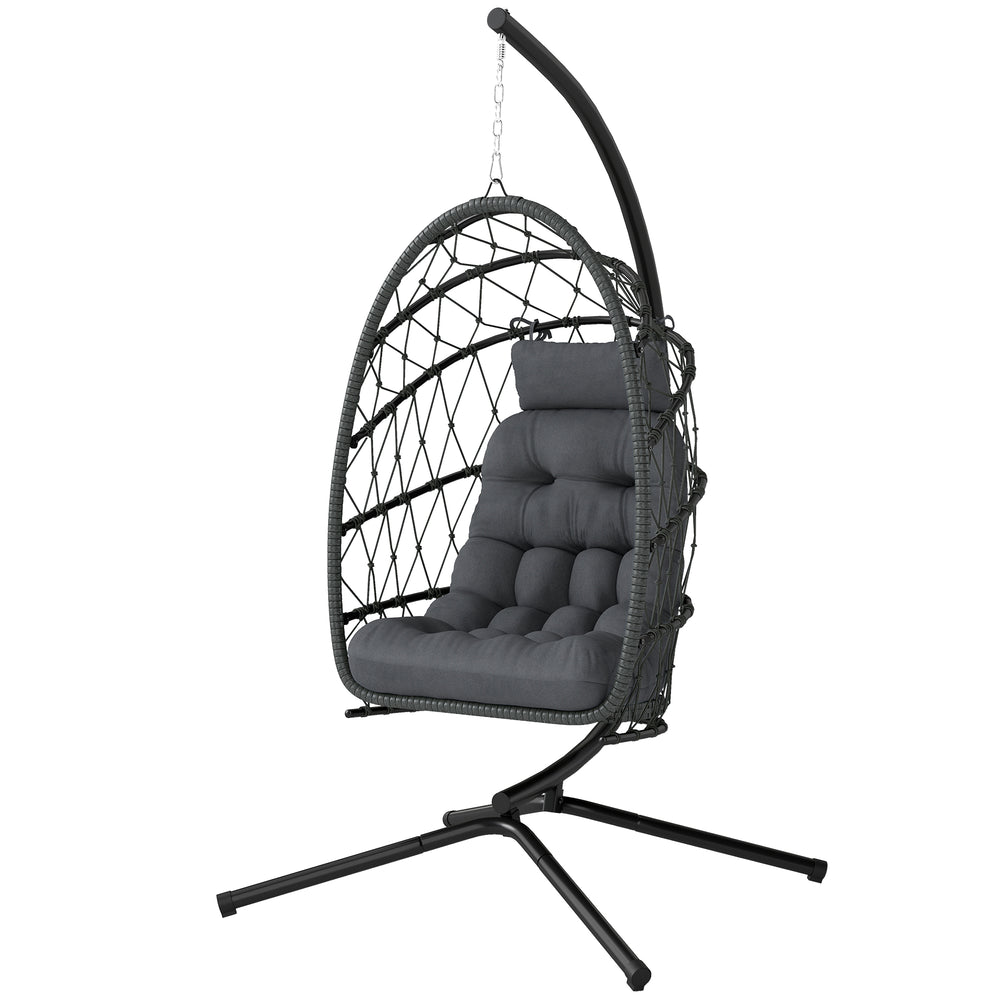Fauteuil suspendu œuf avec support, balancelle pliable en rotin tressé avec coussin épais et corde de sécurité, gris