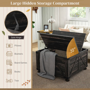 Table basse de style farmhouse avec couvercles rabattables, marron vieilli