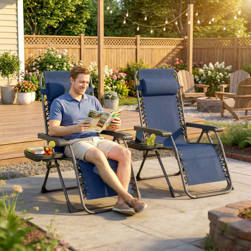 Ensemble de 2 chaises longues d'extérieur Zero Gravity, pliantes et inclinables, avec porte-gobelet et appui-tête, bleu foncé