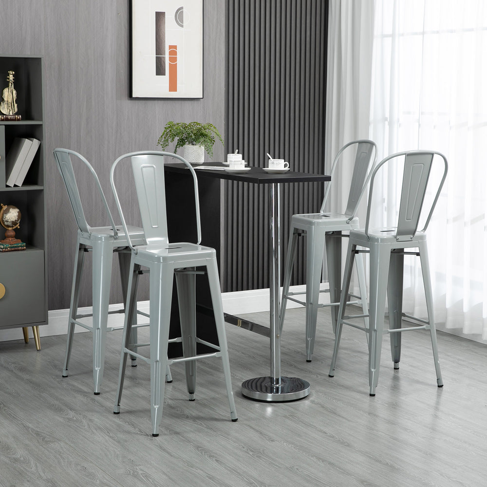 Set of 4 industrial-style metal bar stools, silver grey