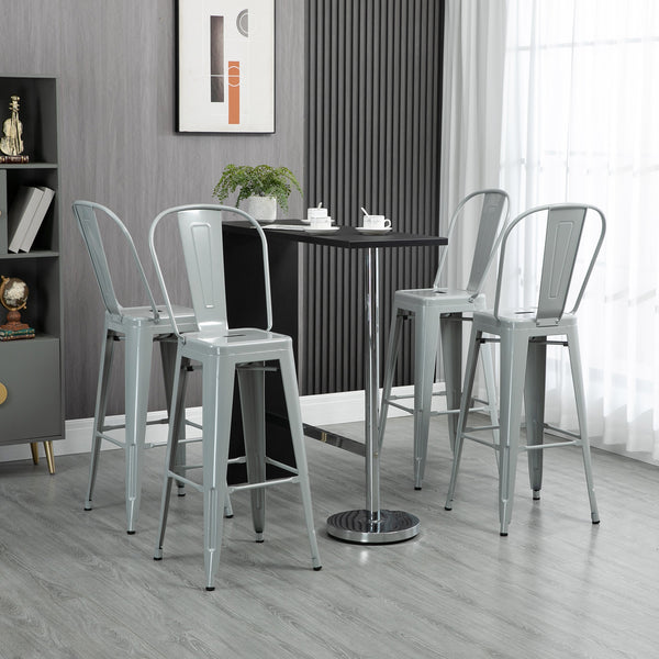 Set of 4 industrial-style metal bar stools, silver grey
