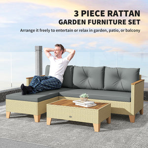 Ensemble de meubles de jardin 3 pièces en L avec table basse et plateau en bois, gris clair
