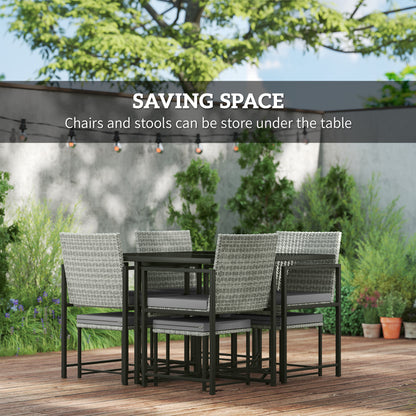 9-Piece Wicker Patio Dining Set with 4 Armchairs, 4 Stools, Tempered Glass Top, Removable Cushions, Light Gray