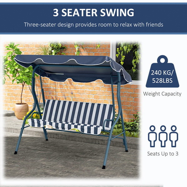Outdoor Porch Swing with Adjustable Canopy, 3-Seater Patio Swing Chair with Cushion, Blue