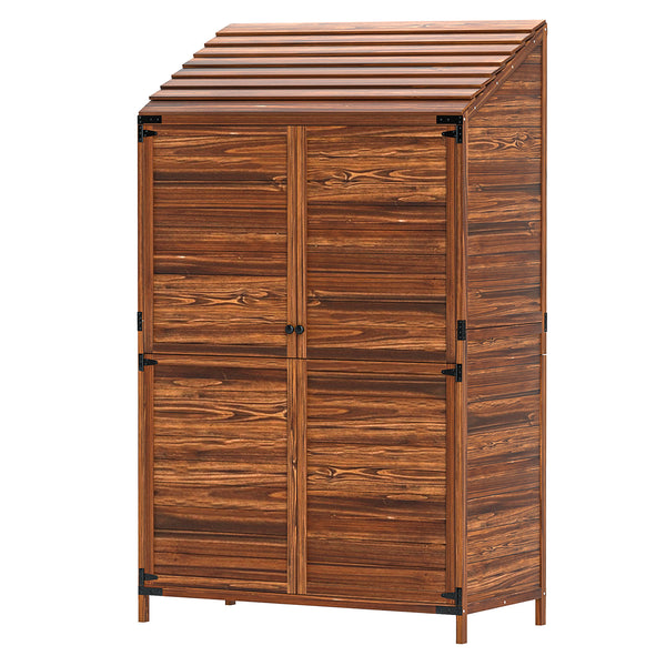 Wooden garden shed with double doors and shelves, mixed brown color