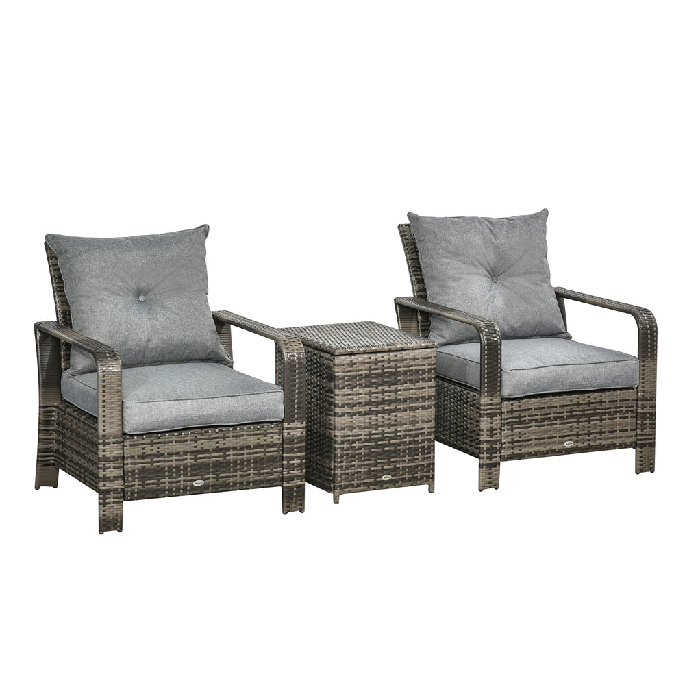 3 Pieces Wicker Patio Furniture Set, Rattan Bistro Set with Storage Coffee Table and Thickened Cushions, Outdoor Conversation Set for Garden, Porch, Balcony, Grey