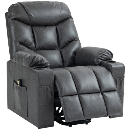 Fauteuil releveur inclinable électrique en cuir avec montage rapide, télécommande, porte-gobelets, poches latérales, gris