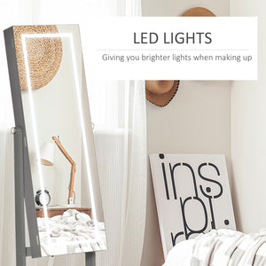 Armoire à bijoux verrouillable avec éclairage LED, miroir sur pied, gris