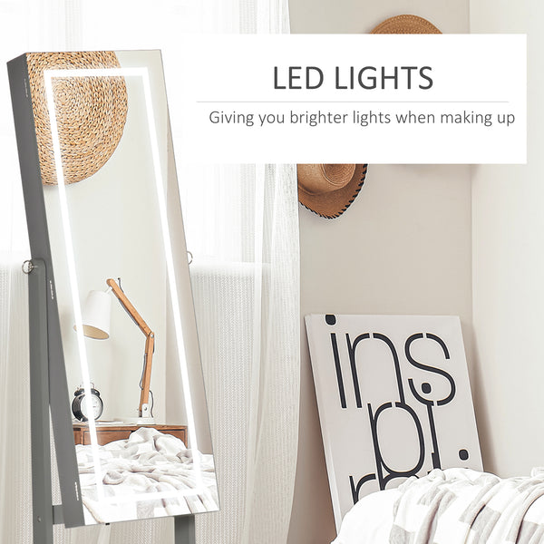 Armoire à bijoux verrouillable avec éclairage LED, miroir sur pied, gris