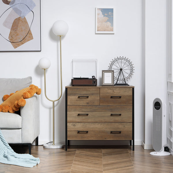 Commode pour chambre à coucher avec 4 tiroirs, structure en métal, marron