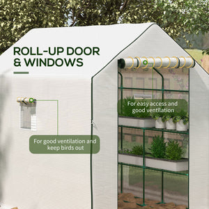 Small outdoor greenhouse with 2-tier U-shaped flower shelves, white