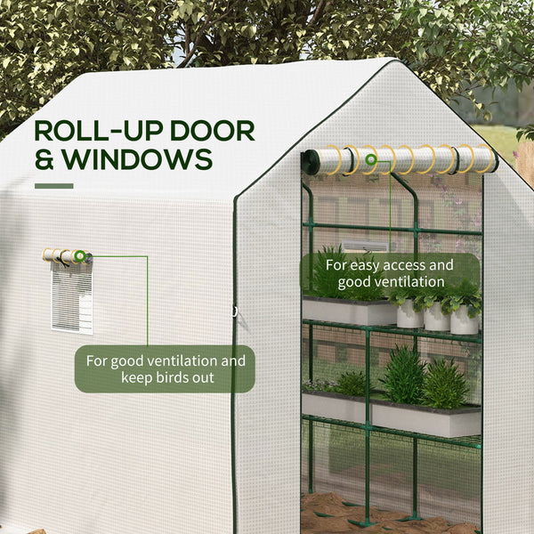 Small outdoor greenhouse with 2-tier U-shaped flower shelves, white