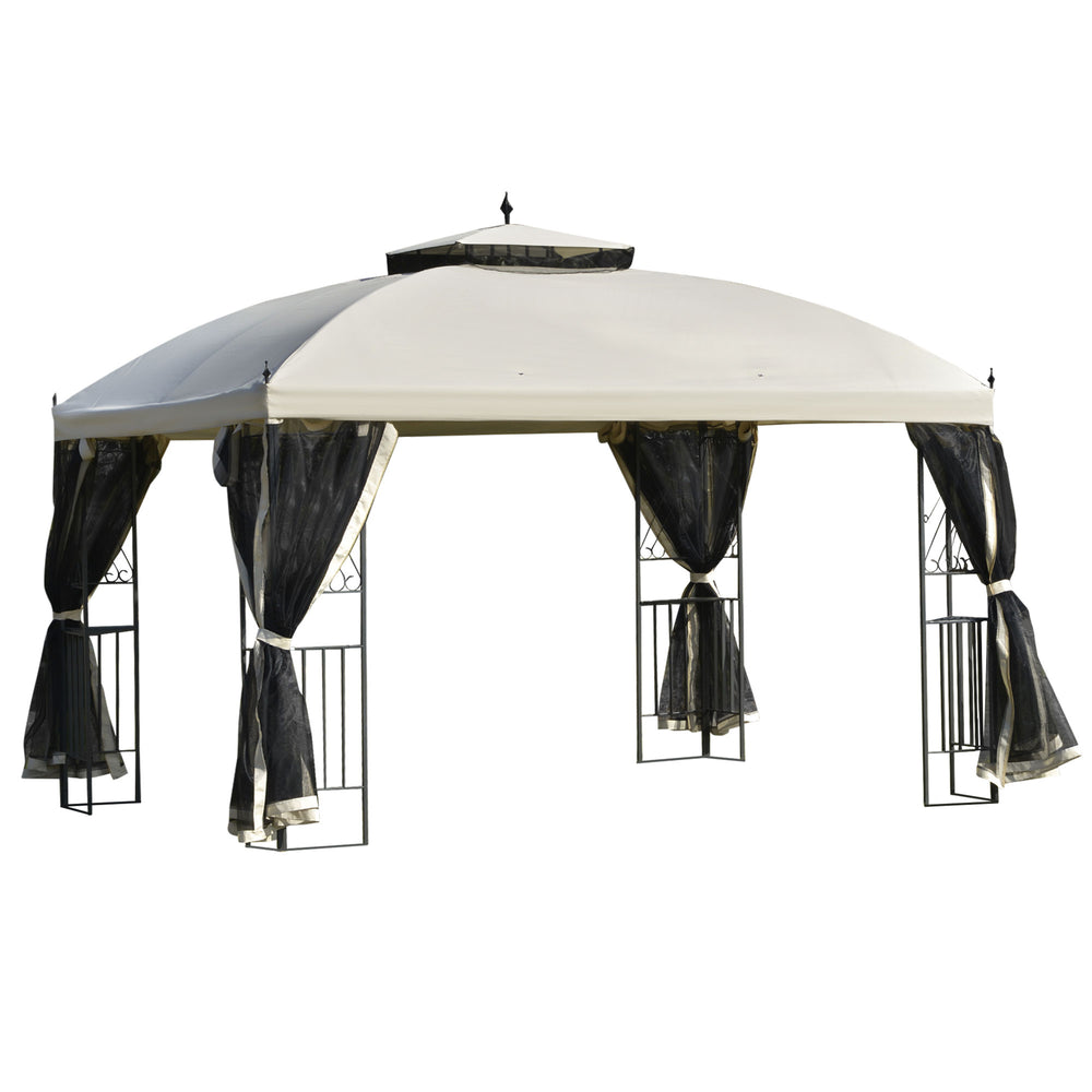 Gazebo 10 x 12 avec toit à double pente, parois latérales amovibles en filet et étagères triangulaires, beige